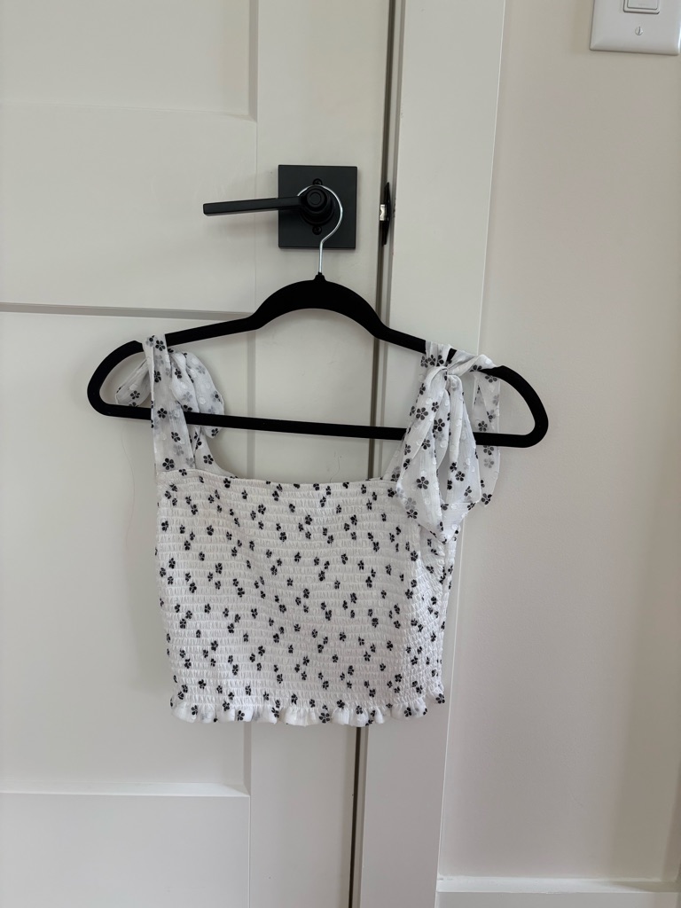 White Floral Smocked Tie-Shoulder Crop Top